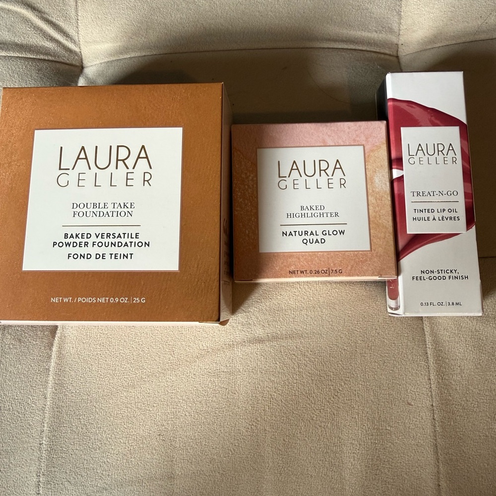 Laura Geller foundation, highlighter, and lip oil bundle